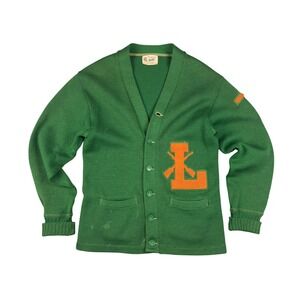 Vtg 50s Puritan Natch Wool Cardigan Sweater Mens Medium Green Orange L Patch